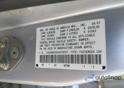 2007 Honda Accord 3.0 Ex from USA, damaged, VIN 1HGCM66597A078757